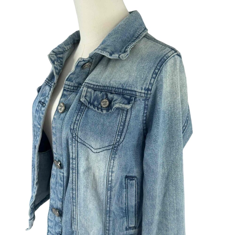 Indigo Rein Womens Blue Denim Jacket Button Front Long Sleeves Cropped Medium - Picture 8 of 16